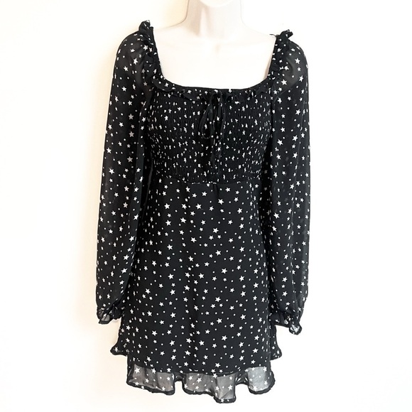 Altar’d State Long Sleeve Mini Star Dress Babydoll Black White Medium Sheer - Picture 2 of 11